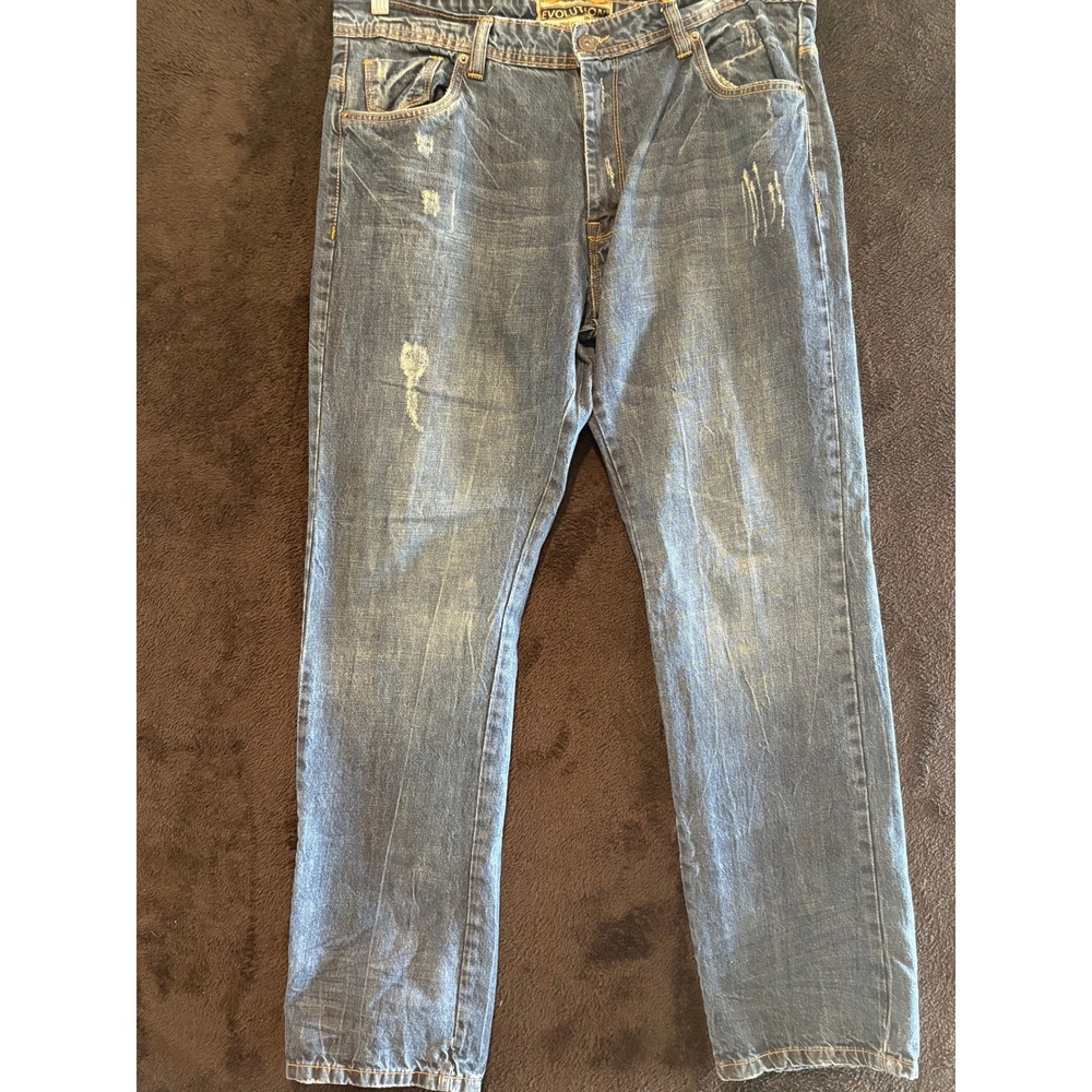 Evolution Jeans Mens 38x34 Distressed Denim Relaxed Fit Straight Leg Blue 38